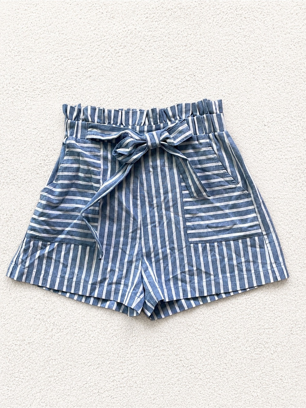 Entro Blue & White Striped Paperbag High Waist Cotton Shorts